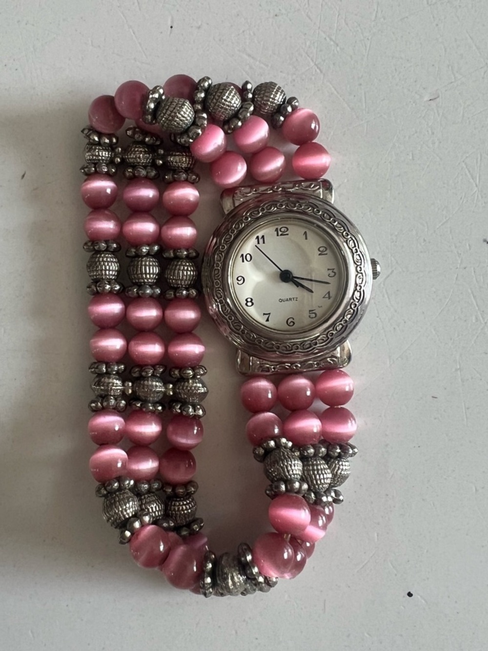 Vintage Retro Pink Beaded Stretch Bracelet Watch with Silver Accents